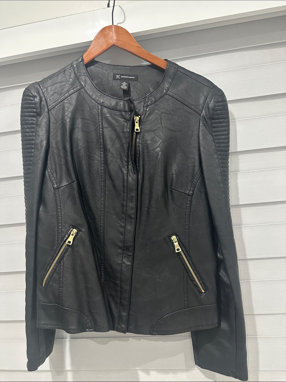 INC International Concepts Black Faux Leather Jacket with Gold Hardware